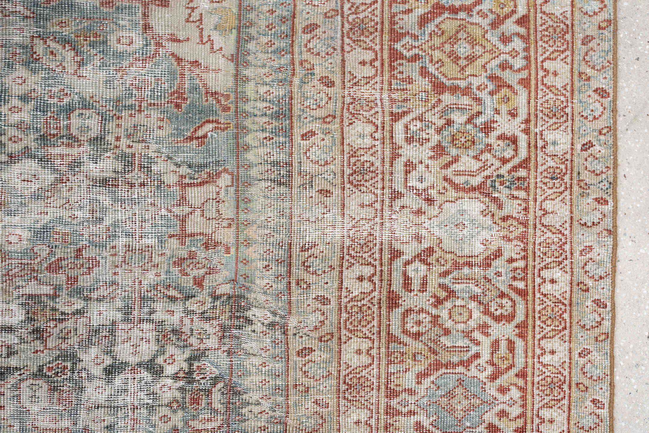 10' x 14' one-of-a-kind handmade antique Mahal large size rug. Color palette: pale blue, rust, ivory, beige, taupe, camel