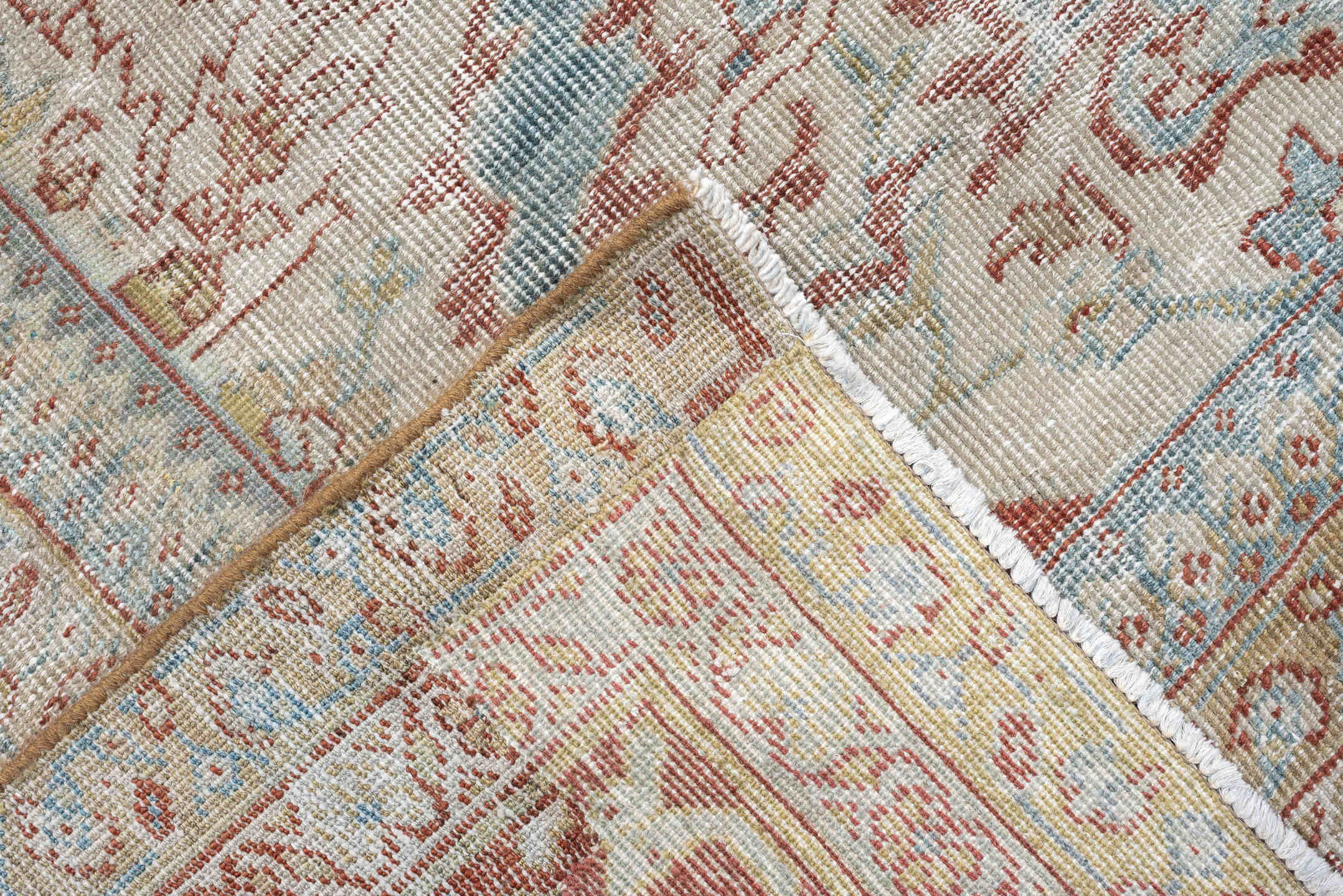 10' x 14' one-of-a-kind handmade antique Mahal large size rug. Color palette: pale blue, rust, ivory, beige, taupe, camel