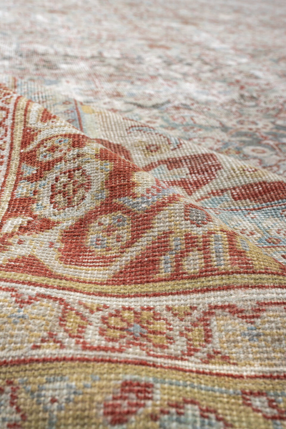 10' x 14' one-of-a-kind handmade antique Mahal large size rug. Color palette: pale blue, rust, ivory, beige, taupe, camel