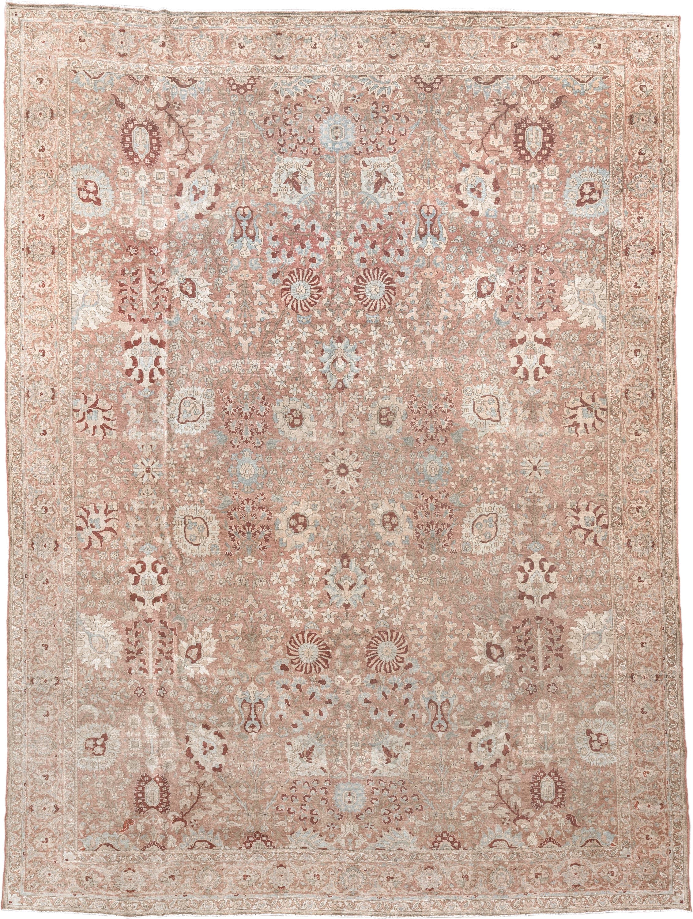 10' x 13' one-of-a-kind handmade antique Mahal large size rug. Color palette: rose, ivory, taupe, pale blue, rust, beige