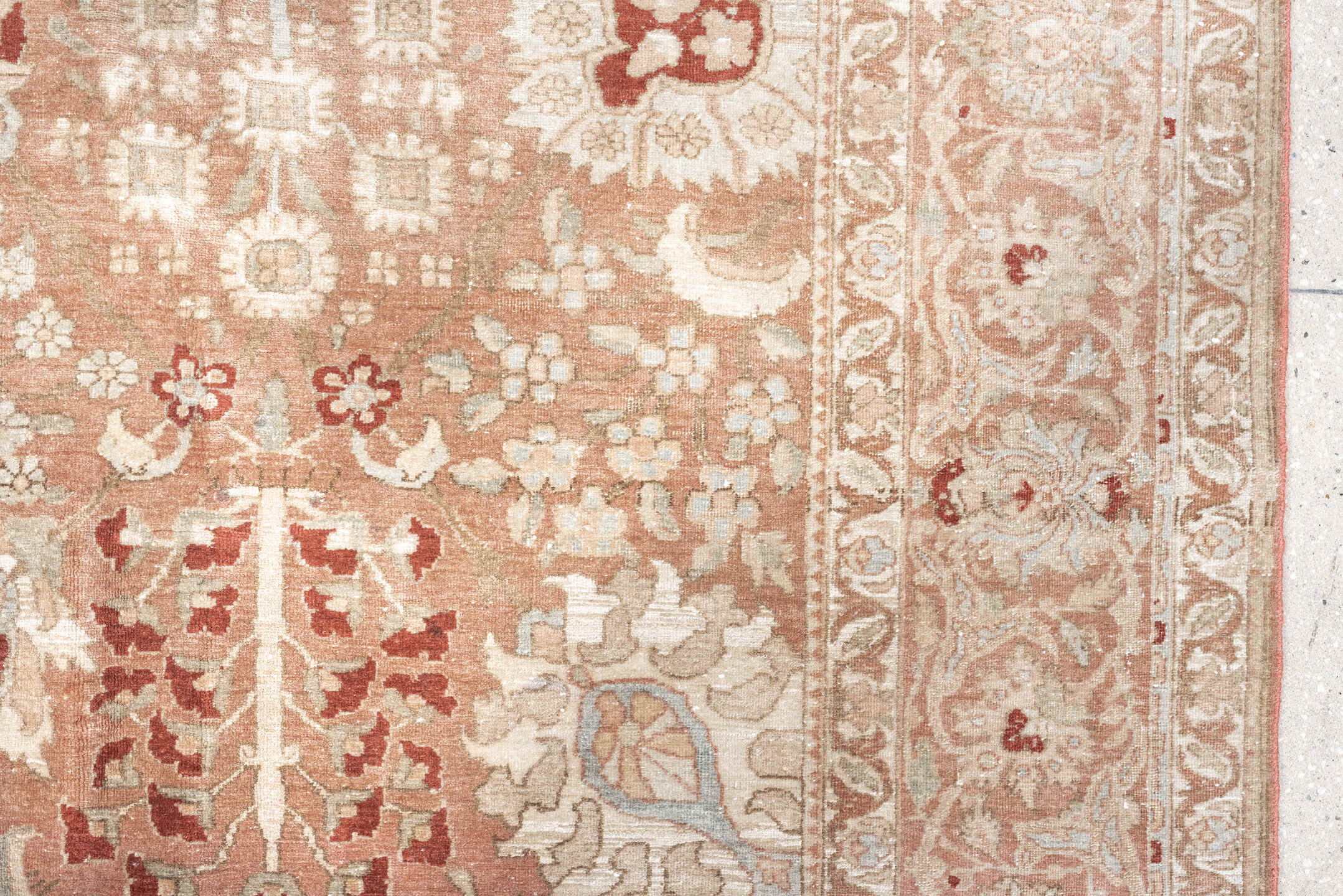 10' x 13' one-of-a-kind handmade antique Mahal large size rug. Color palette: rose, ivory, taupe, pale blue, rust, beige
