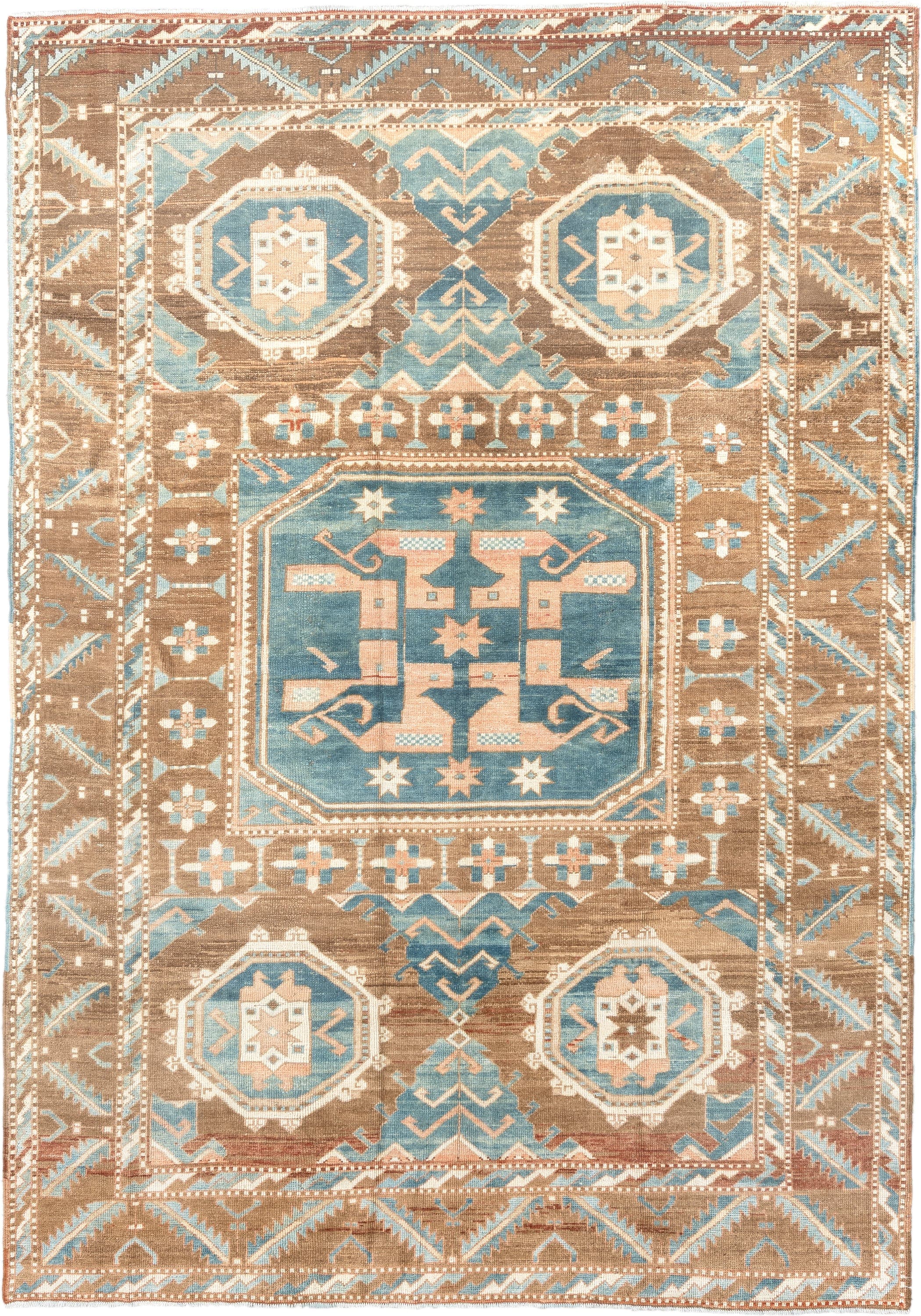 6' x 9' one-of-a-kind handmade antique Kars medium size rug. Color palette: camel, sky blue, ivory, taupe, blush