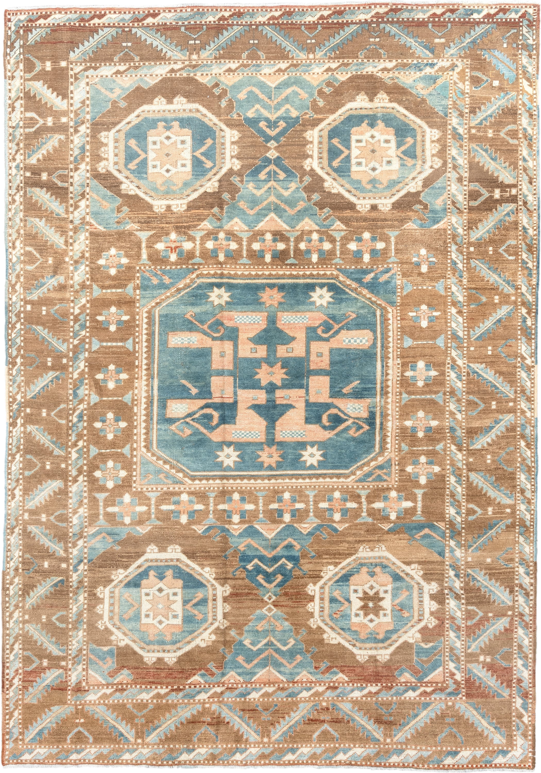 6' x 9' one-of-a-kind handmade antique Kars medium size rug. Color palette: camel, sky blue, ivory, taupe, blush