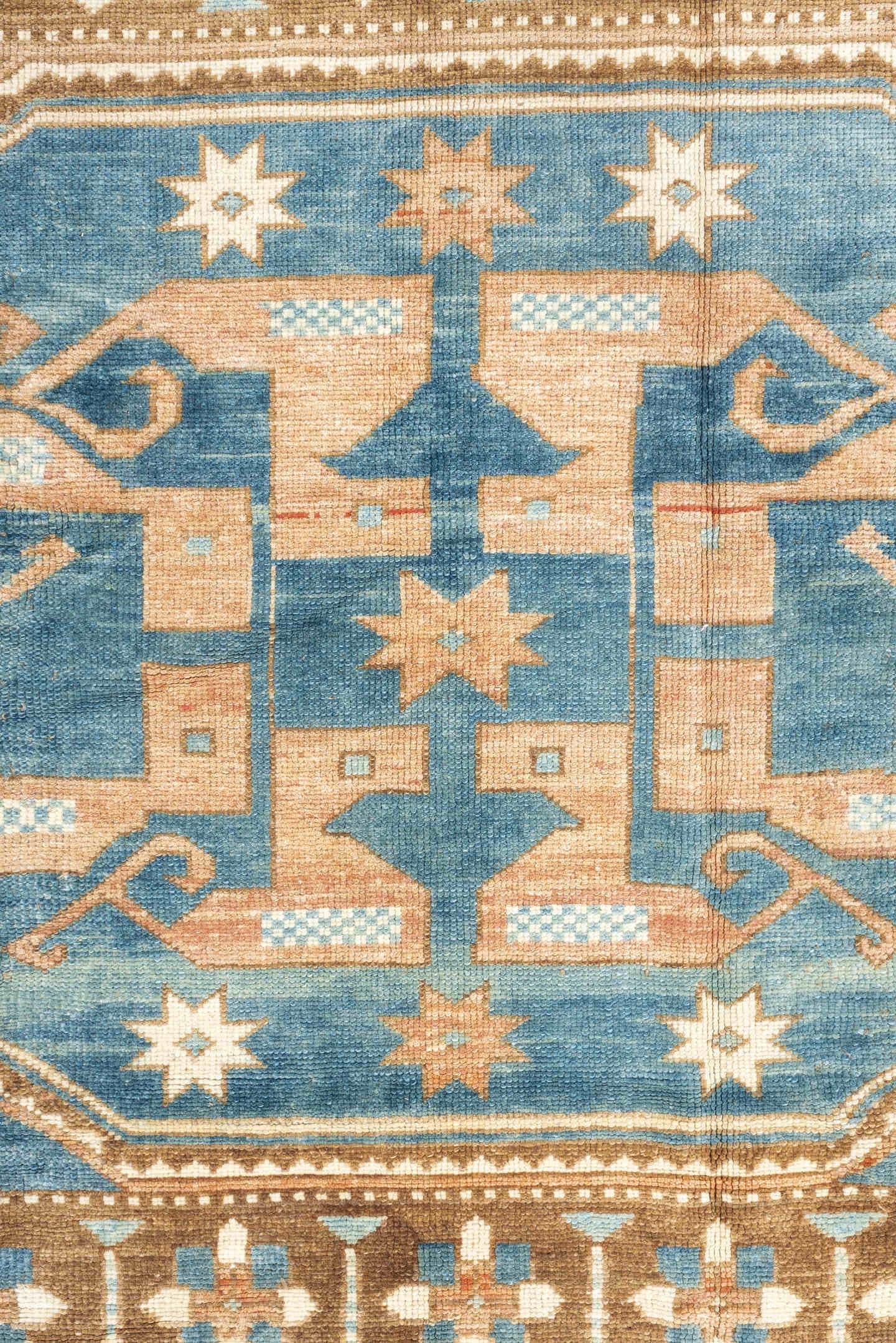 6' x 9' one-of-a-kind handmade antique Kars medium size rug. Color palette: camel, sky blue, ivory, taupe, blush