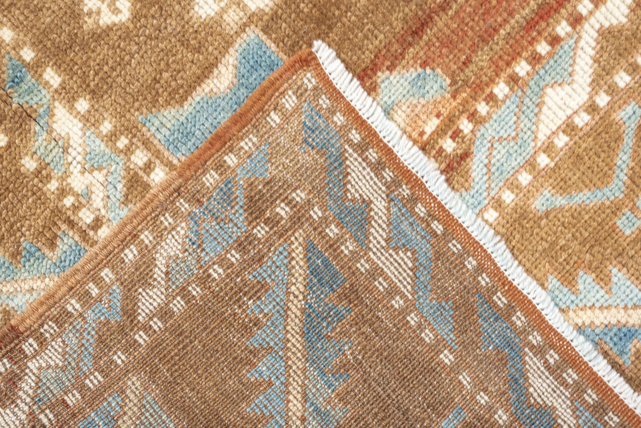 6' x 9' one-of-a-kind handmade antique Kars medium size rug. Color palette: camel, sky blue, ivory, taupe, blush