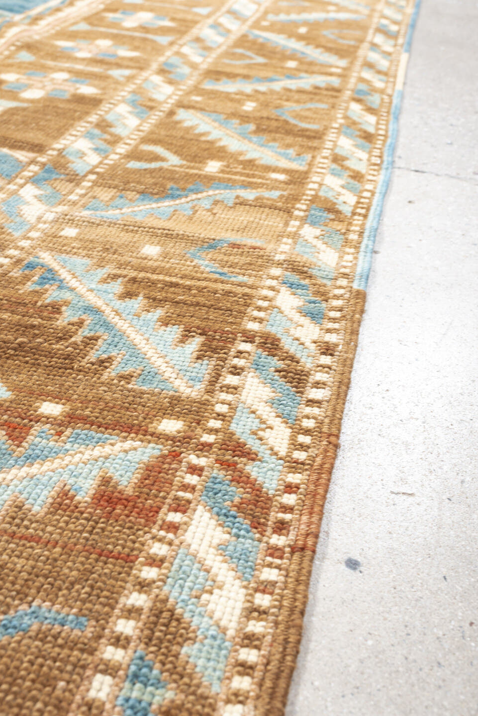 6' x 9' one-of-a-kind handmade antique Kars medium size rug. Color palette: camel, sky blue, ivory, taupe, blush
