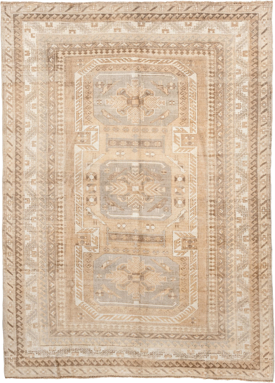 5' x 8' one-of-a-kind handmade antique Kars medium size rug. Color palette: ivory, camel, taupe, light gray, beige, sand