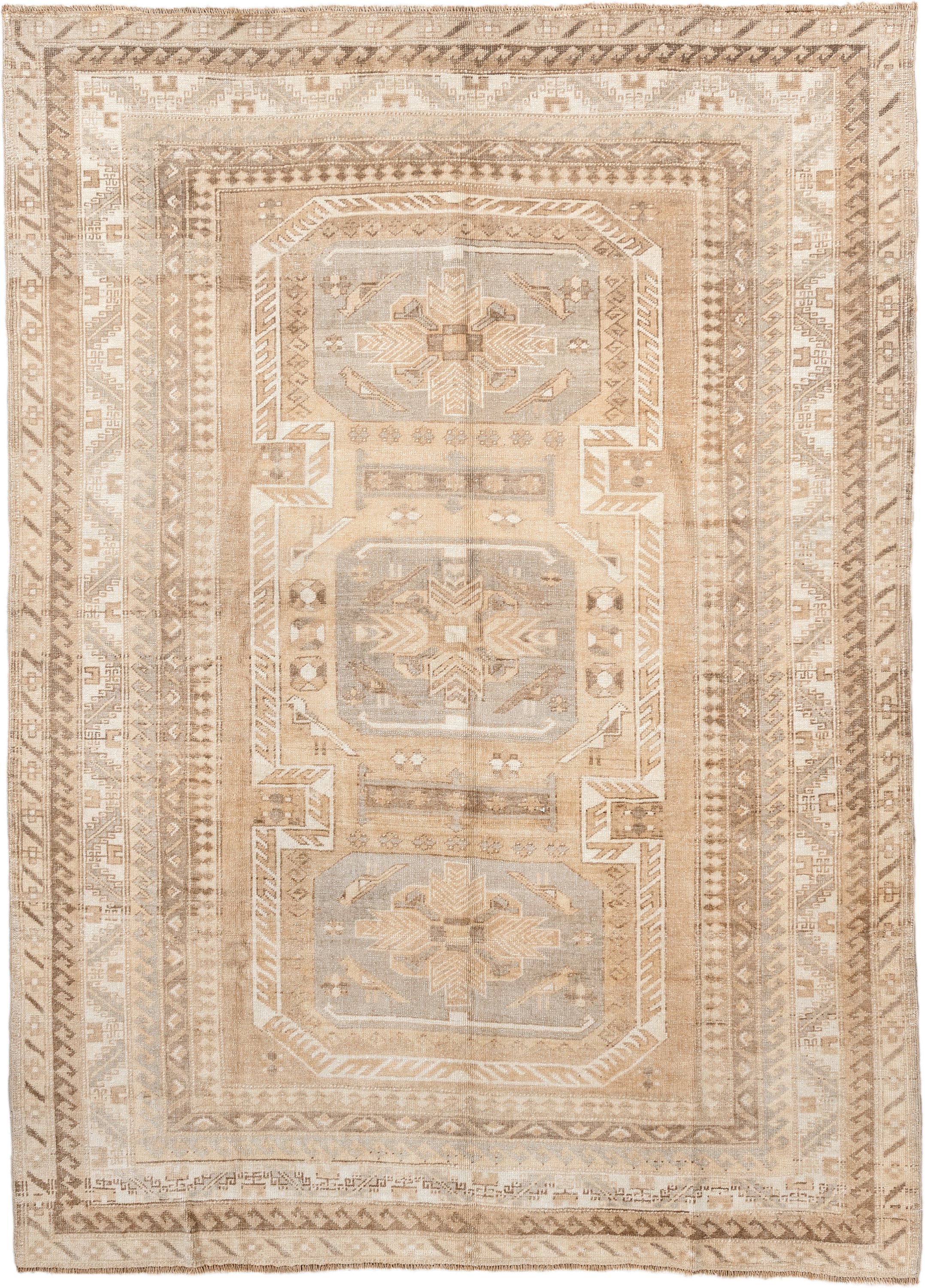 5' x 8' one-of-a-kind handmade antique Kars medium size rug. Color palette: ivory, camel, taupe, light gray, beige, sand