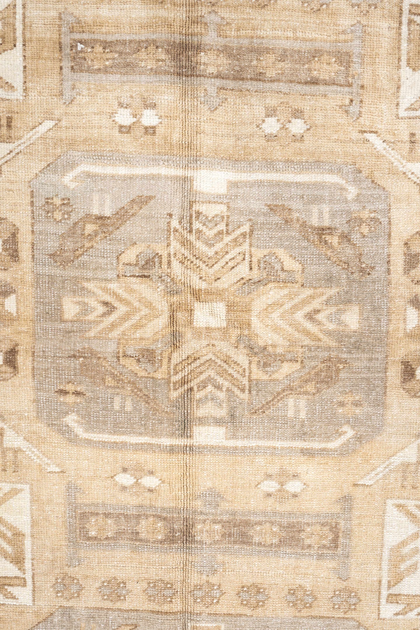 5' x 8' one-of-a-kind handmade antique Kars medium size rug. Color palette: ivory, camel, taupe, light gray, beige, sand