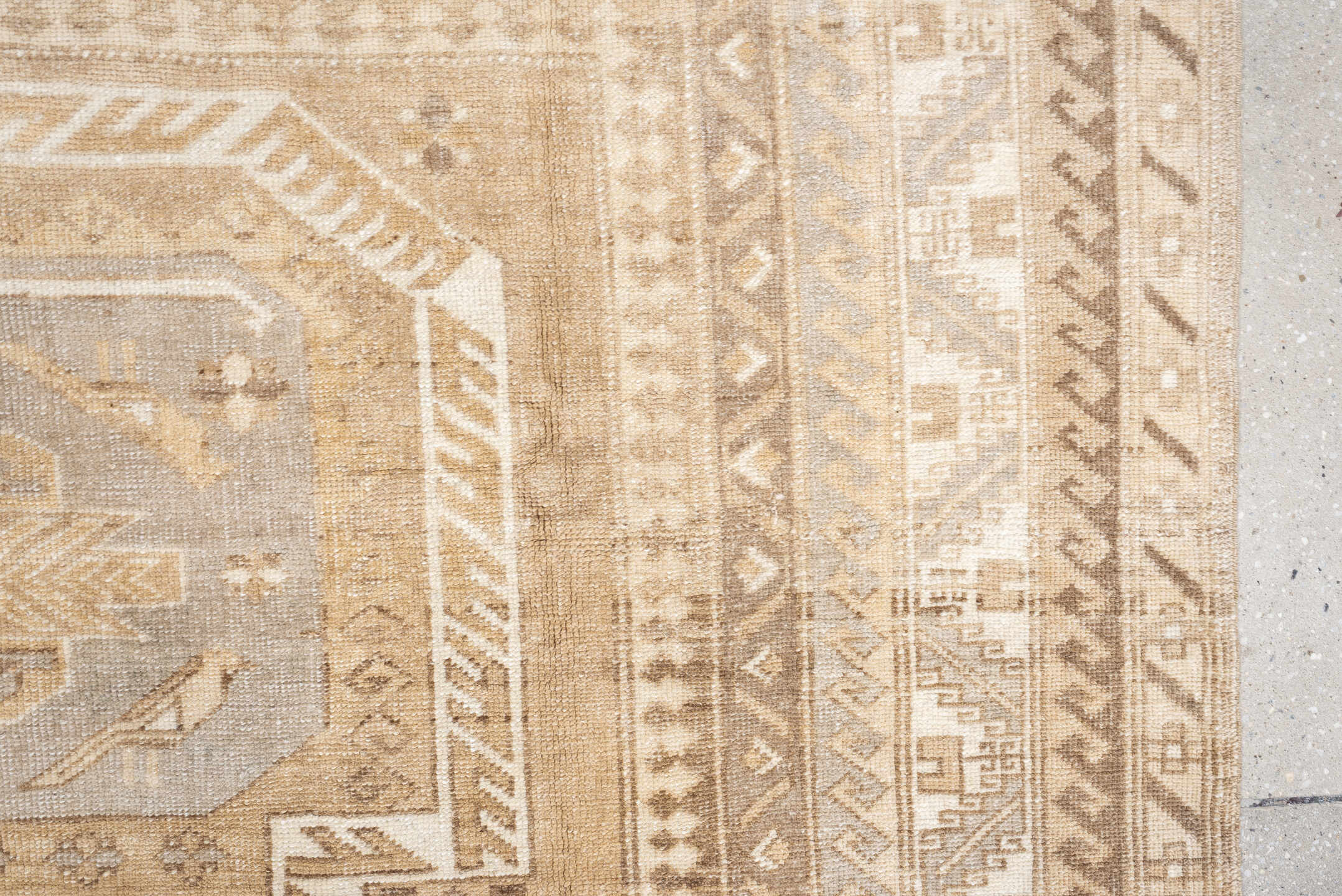 5' x 8' one-of-a-kind handmade antique Kars medium size rug. Color palette: ivory, camel, taupe, light gray, beige, sand