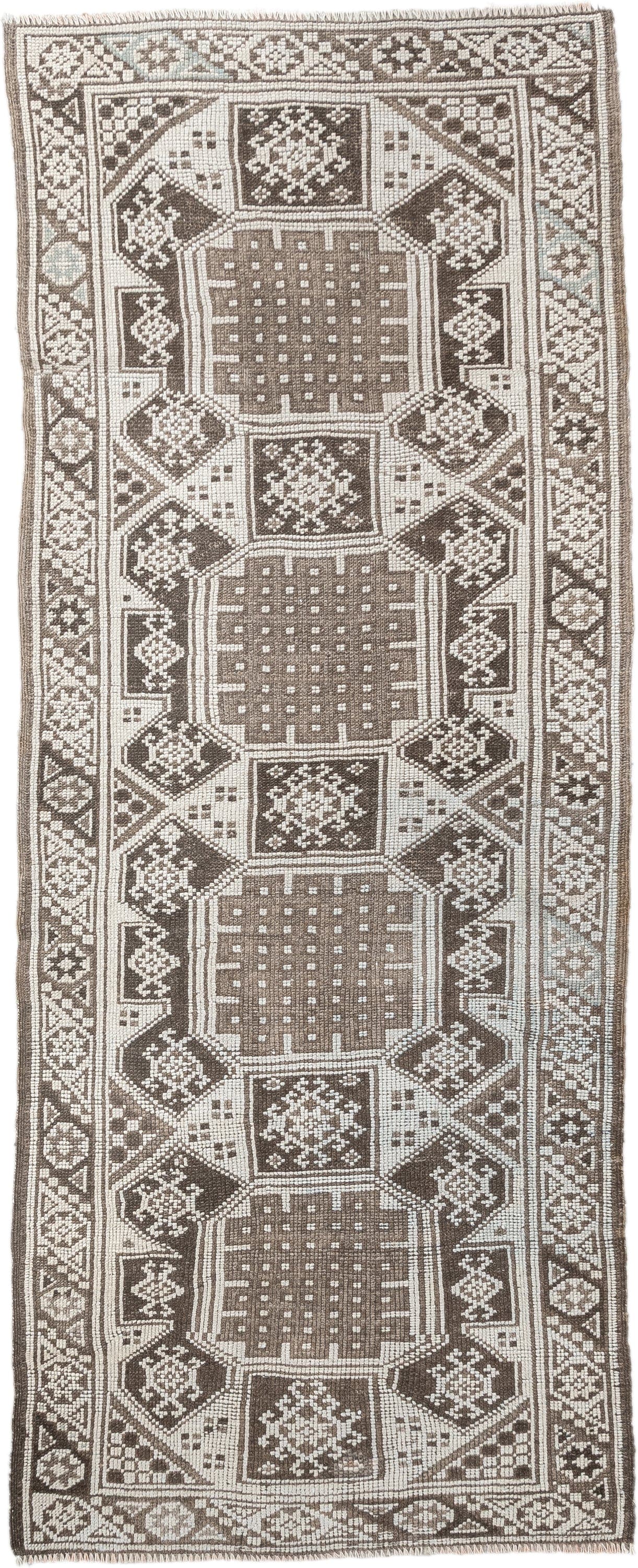2' x 6' one-of-a-kind handmade antique Anatolian runner rug. Color palette: ivory, taupe, brown, camel, slate, beige, gray