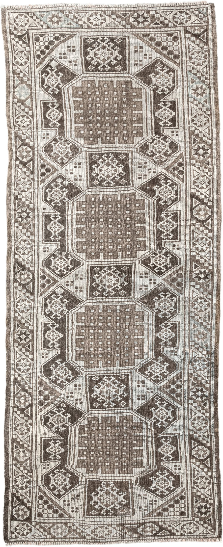 2' x 6' one-of-a-kind handmade antique Anatolian runner rug. Color palette: ivory, taupe, brown, camel, slate, beige, gray
