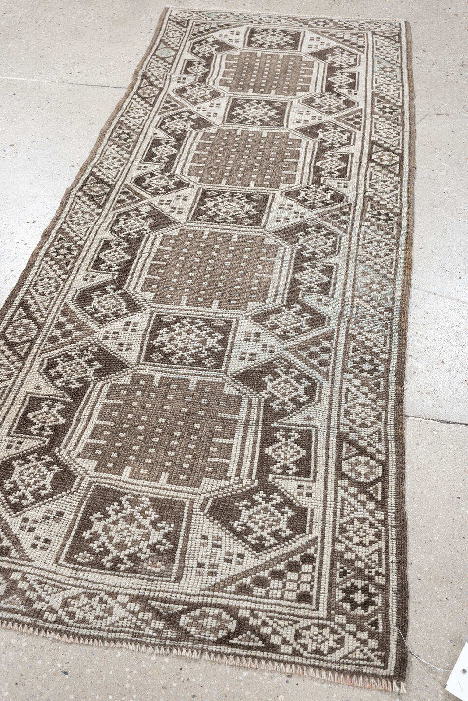 2' x 6' one-of-a-kind handmade antique Anatolian runner rug. Color palette: ivory, taupe, brown, camel, slate, beige, gray