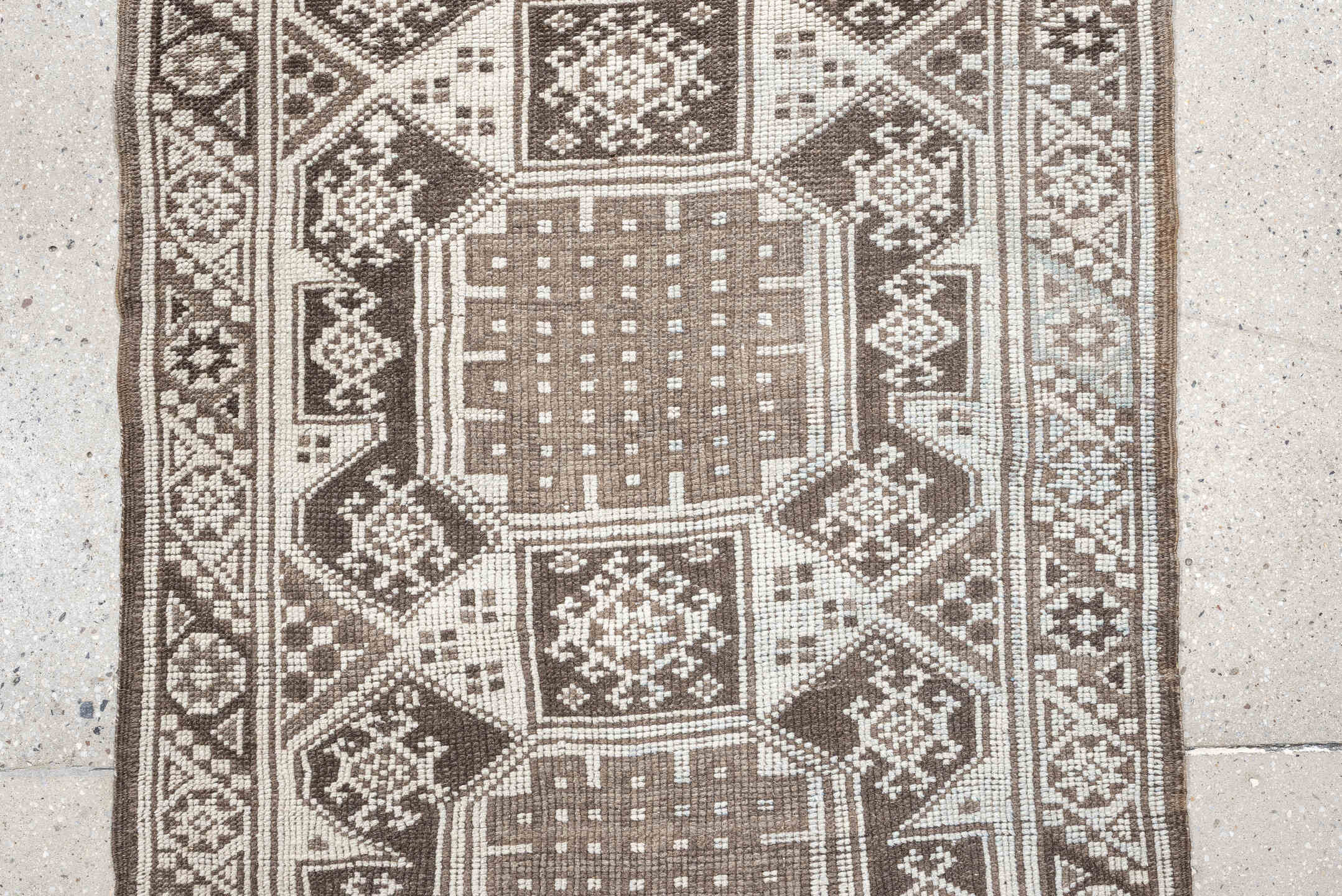 2' x 6' one-of-a-kind handmade antique Anatolian runner rug. Color palette: ivory, taupe, brown, camel, slate, beige, gray