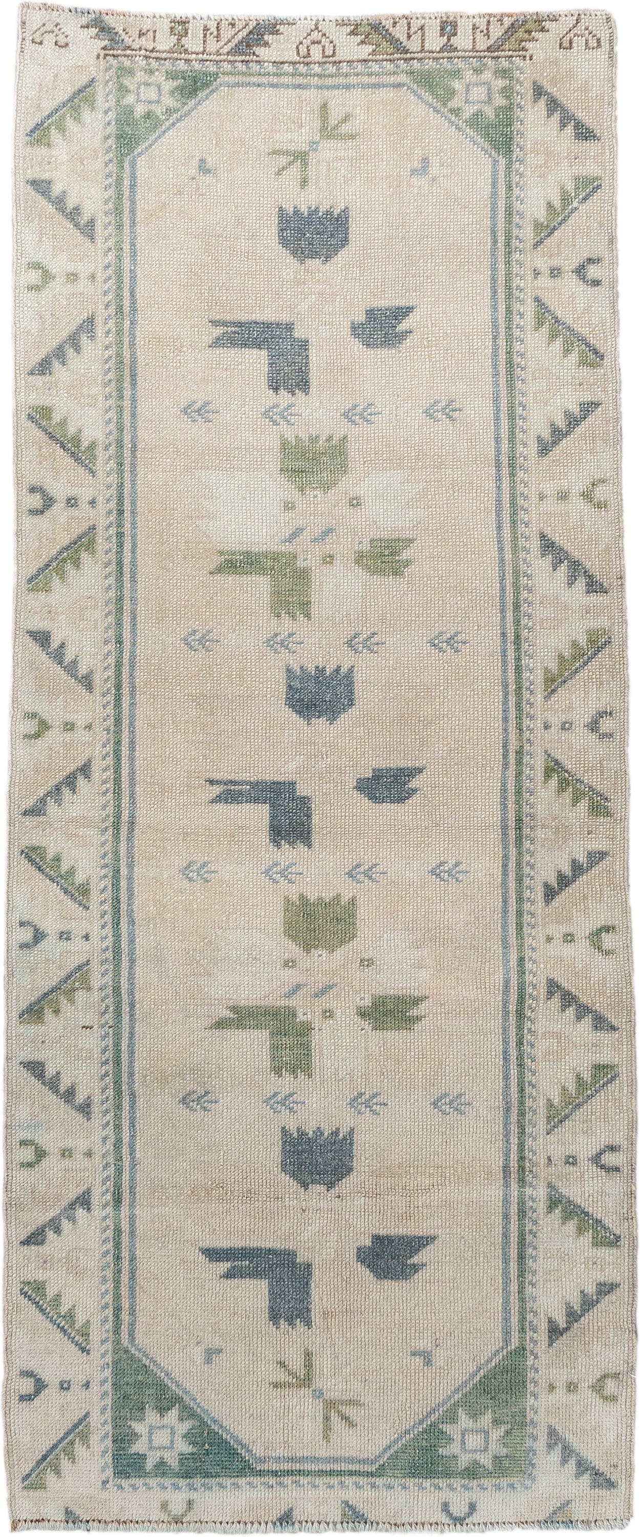 2' x 5' one-of-a-kind handmade antique Anatolian small size rug. Color palette: ivory, pale blue, sage, taupe, light blue