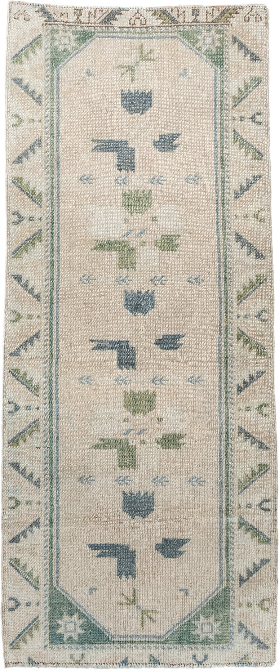 2' x 5' one-of-a-kind handmade antique Anatolian small size rug. Color palette: ivory, pale blue, sage, taupe, light blue