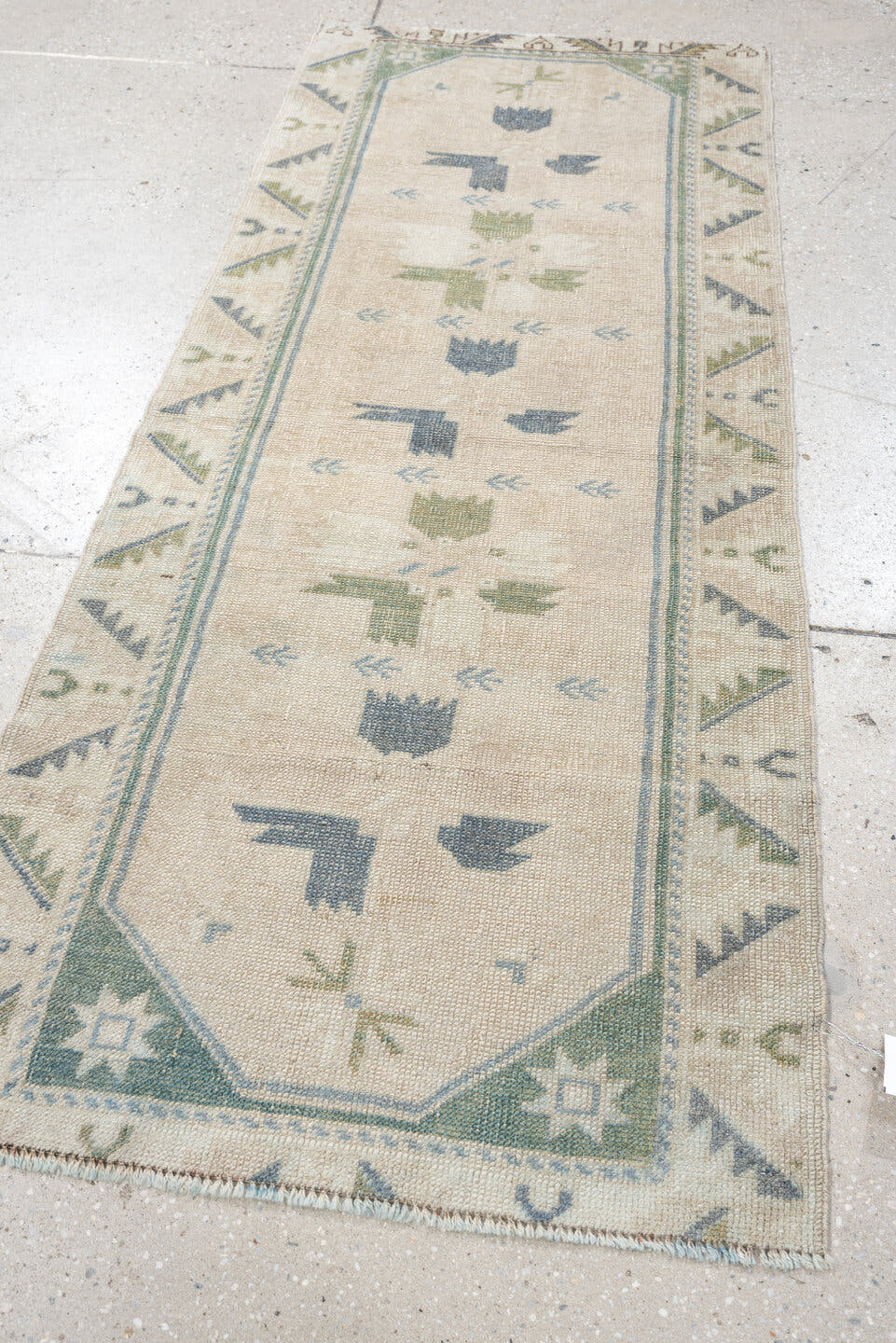 2' x 5' one-of-a-kind handmade antique Anatolian small size rug. Color palette: ivory, pale blue, sage, taupe, light blue