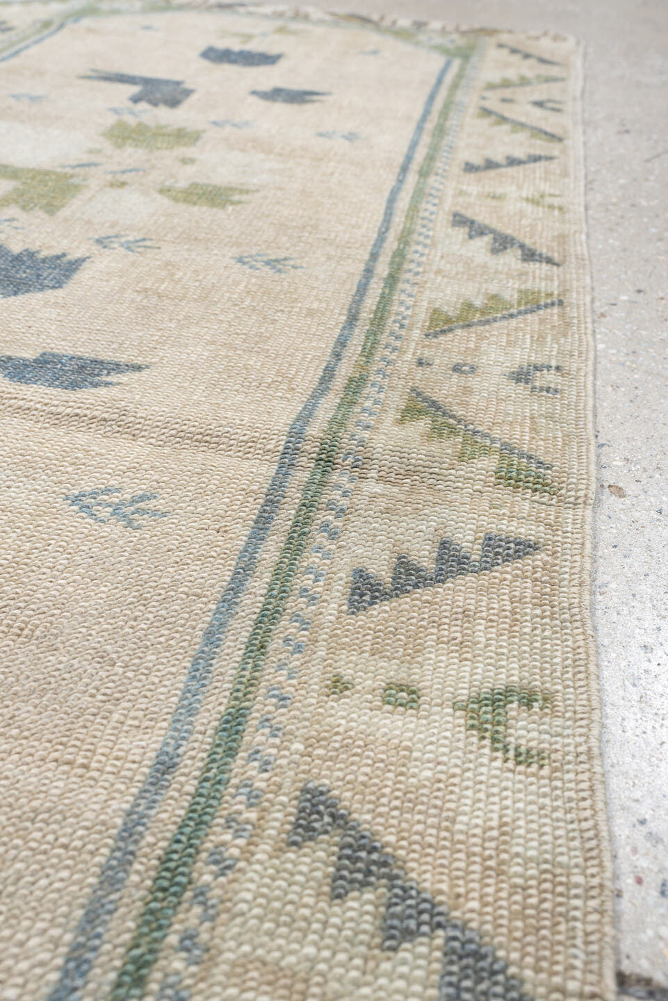 2' x 5' one-of-a-kind handmade antique Anatolian small size rug. Color palette: ivory, pale blue, sage, taupe, light blue