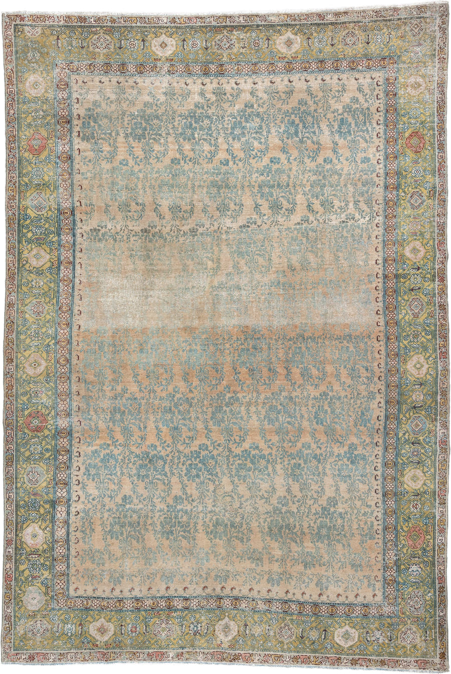 7' x 11' one-of-a-kind handmade antique Malayer large size rug. Color palette: ivory, aqua, sage, gold, rose, taupe, rust