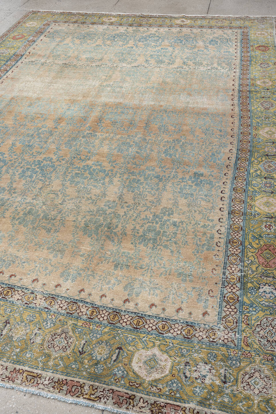 7' x 11' one-of-a-kind handmade antique Malayer large size rug. Color palette: ivory, aqua, sage, gold, rose, taupe, rust
