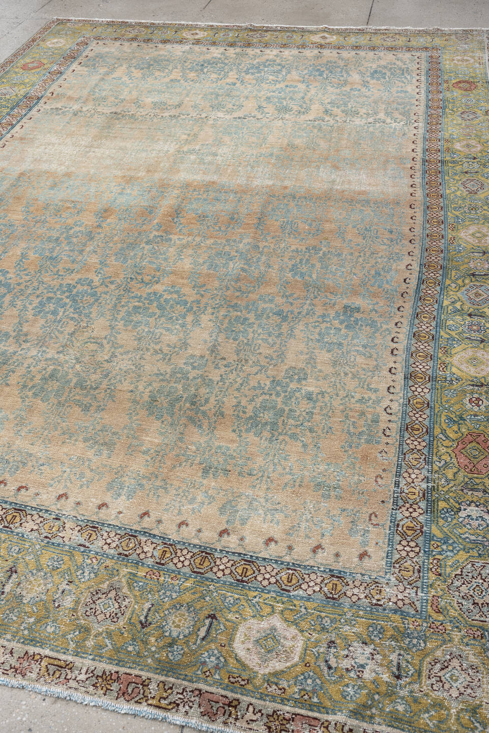 7' x 11' one-of-a-kind handmade antique Malayer large size rug. Color palette: ivory, aqua, sage, gold, rose, taupe, rust
