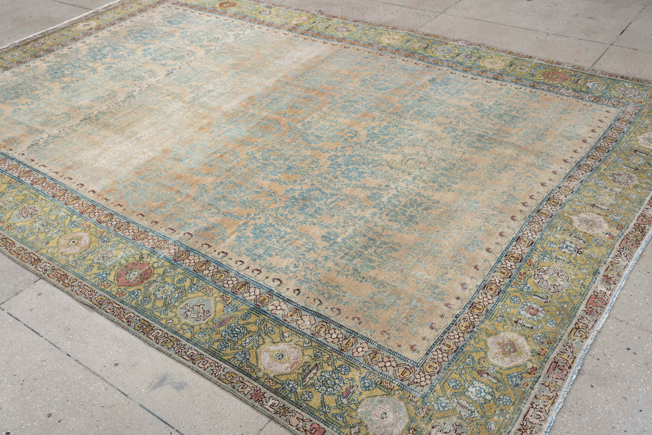 7' x 11' one-of-a-kind handmade antique Malayer large size rug. Color palette: ivory, aqua, sage, gold, rose, taupe, rust