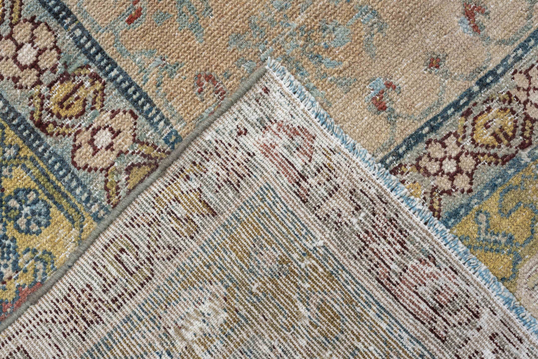 7' x 11' one-of-a-kind handmade antique Malayer large size rug. Color palette: ivory, aqua, sage, gold, rose, taupe, rust