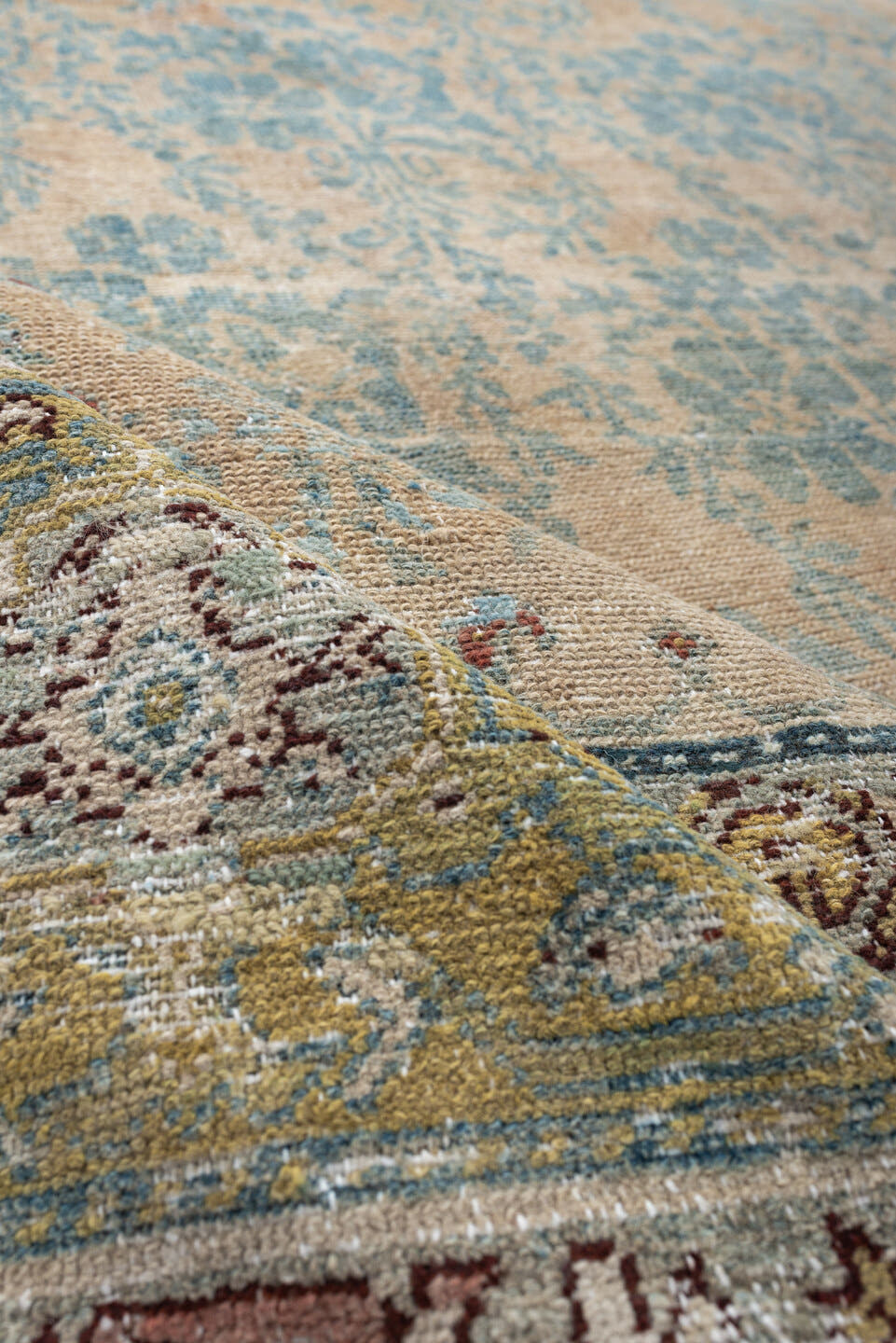 7' x 11' one-of-a-kind handmade antique Malayer large size rug. Color palette: ivory, aqua, sage, gold, rose, taupe, rust