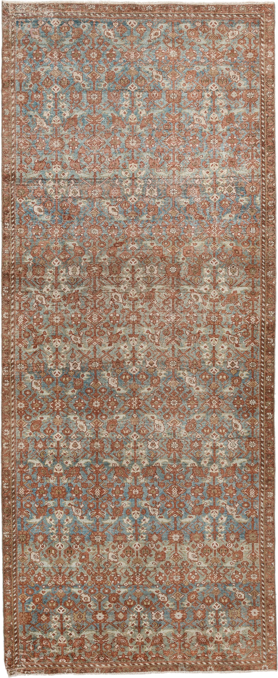 4' x 10' one-of-a-kind handmade antique Malayer runner rug. Color palette: rust, sky blue, ivory, camel, taupe, terracotta