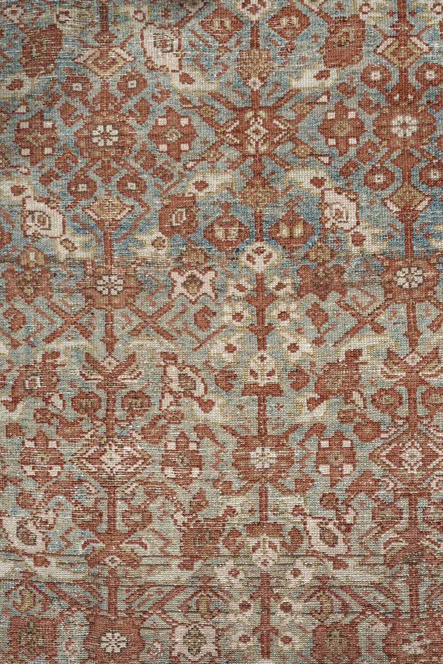 4' x 10' one-of-a-kind handmade antique Malayer runner rug. Color palette: rust, sky blue, ivory, camel, taupe, terracotta