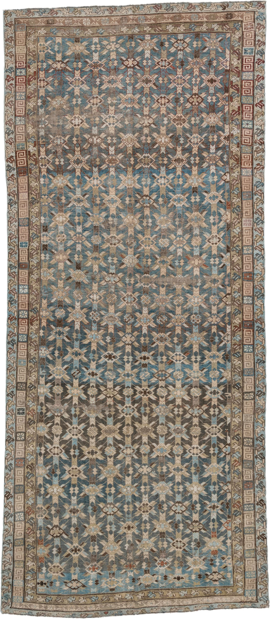 5' x 12' one-of-a-kind handmade antique Kurd rug. Color palette: sky blue, taupe, ivory, brown, beige, rust, light blue