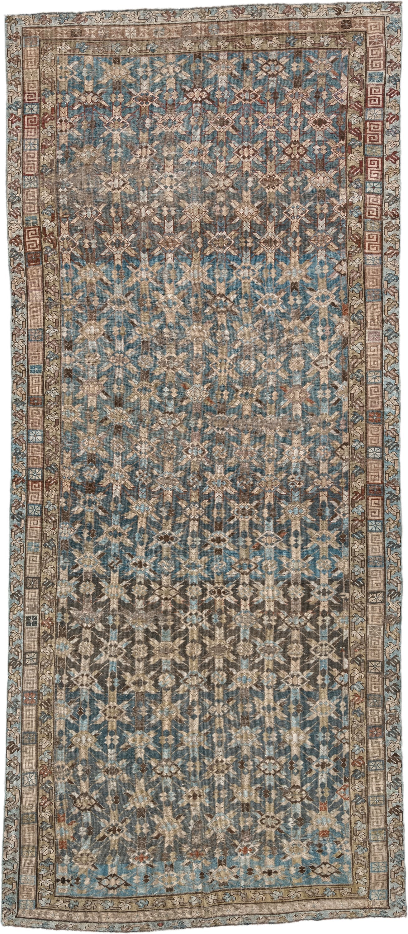 5' x 12' one-of-a-kind handmade antique Kurd rug. Color palette: sky blue, taupe, ivory, brown, beige, rust, light blue