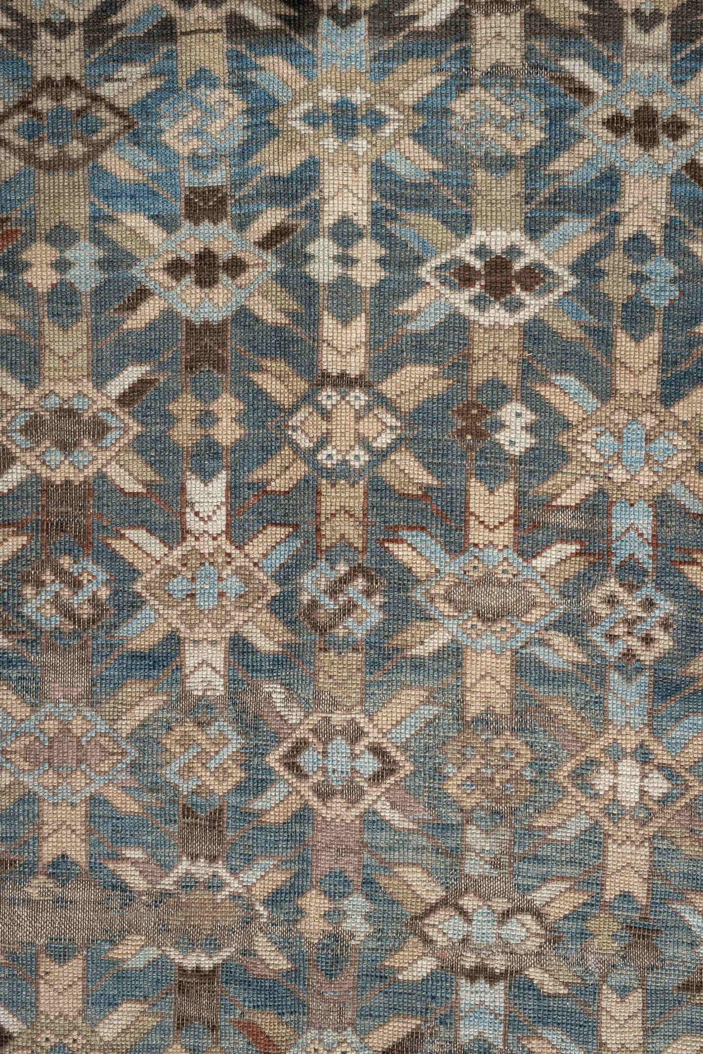 5' x 12' one-of-a-kind handmade antique Kurd rug. Color palette: sky blue, taupe, ivory, brown, beige, rust, light blue