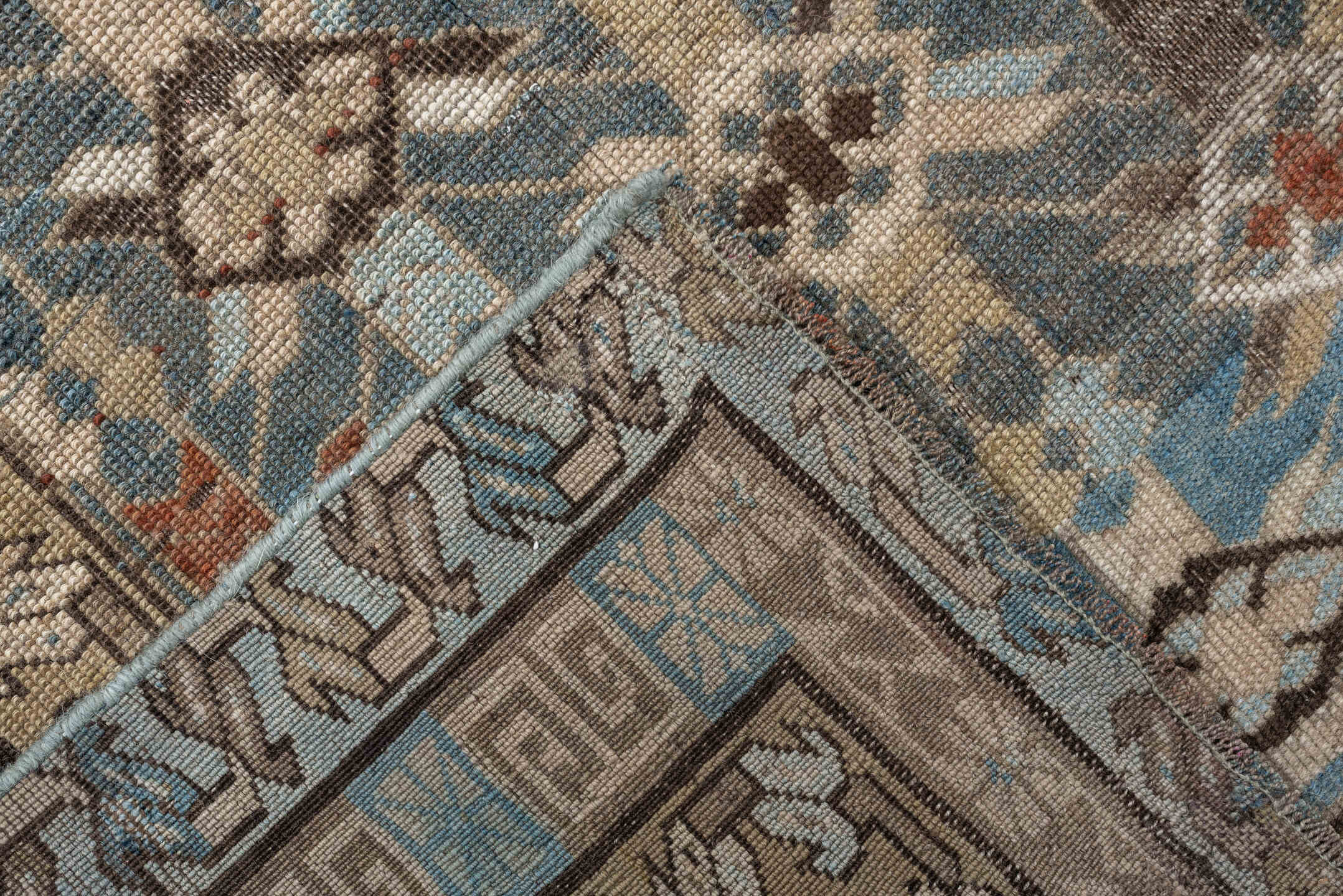 5' x 12' one-of-a-kind handmade antique Kurd rug. Color palette: sky blue, taupe, ivory, brown, beige, rust, light blue