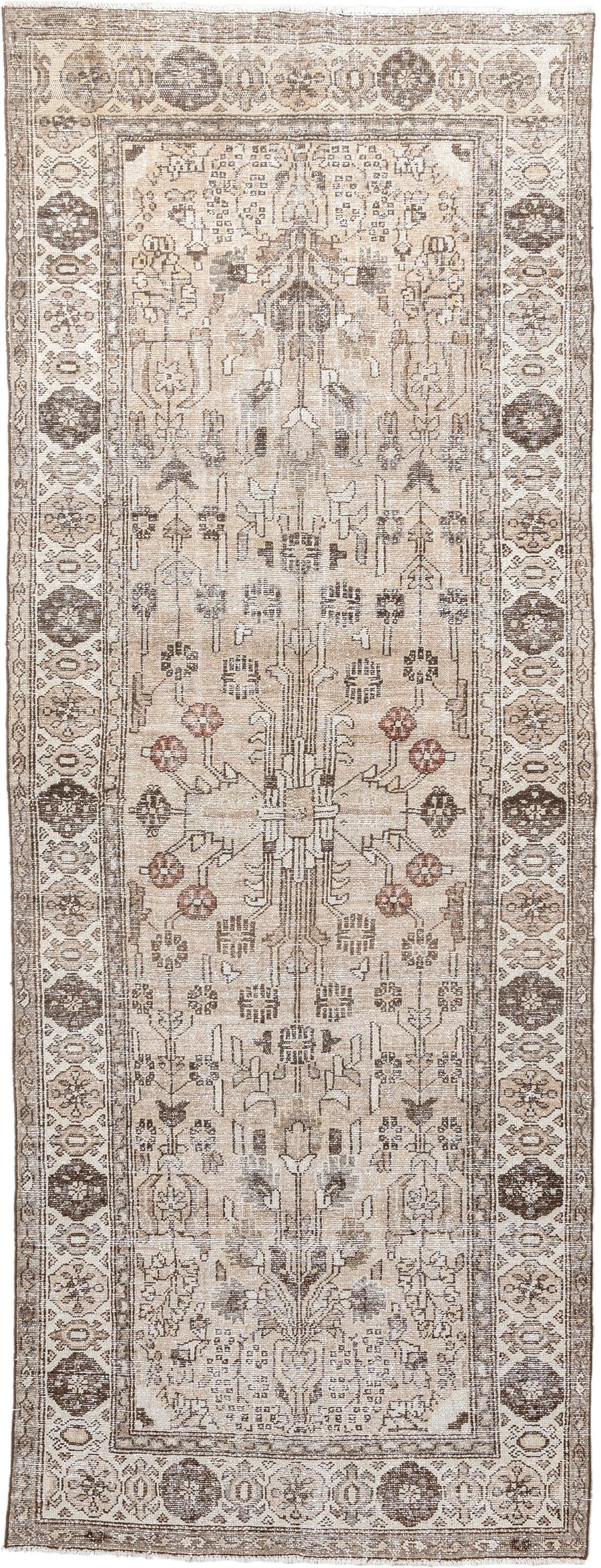3' x 9' one-of-a-kind handmade antique Malayer runner rug. Color palette: ivory, taupe, brown, camel, rust, beige, gray