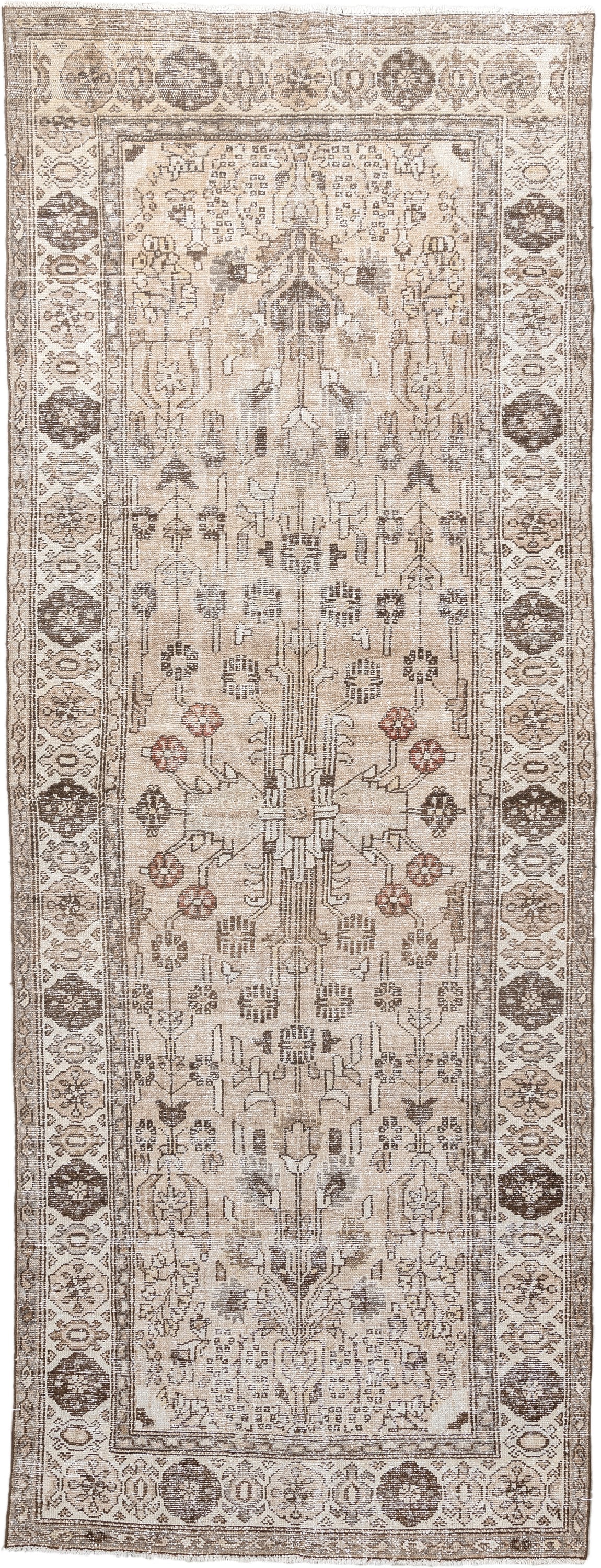3' x 9' one-of-a-kind handmade antique Malayer runner rug. Color palette: ivory, taupe, brown, camel, rust, beige, gray