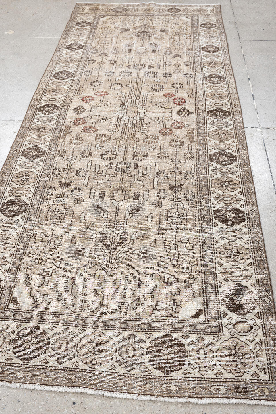 3' x 9' one-of-a-kind handmade antique Malayer runner rug. Color palette: ivory, taupe, brown, camel, rust, beige, gray