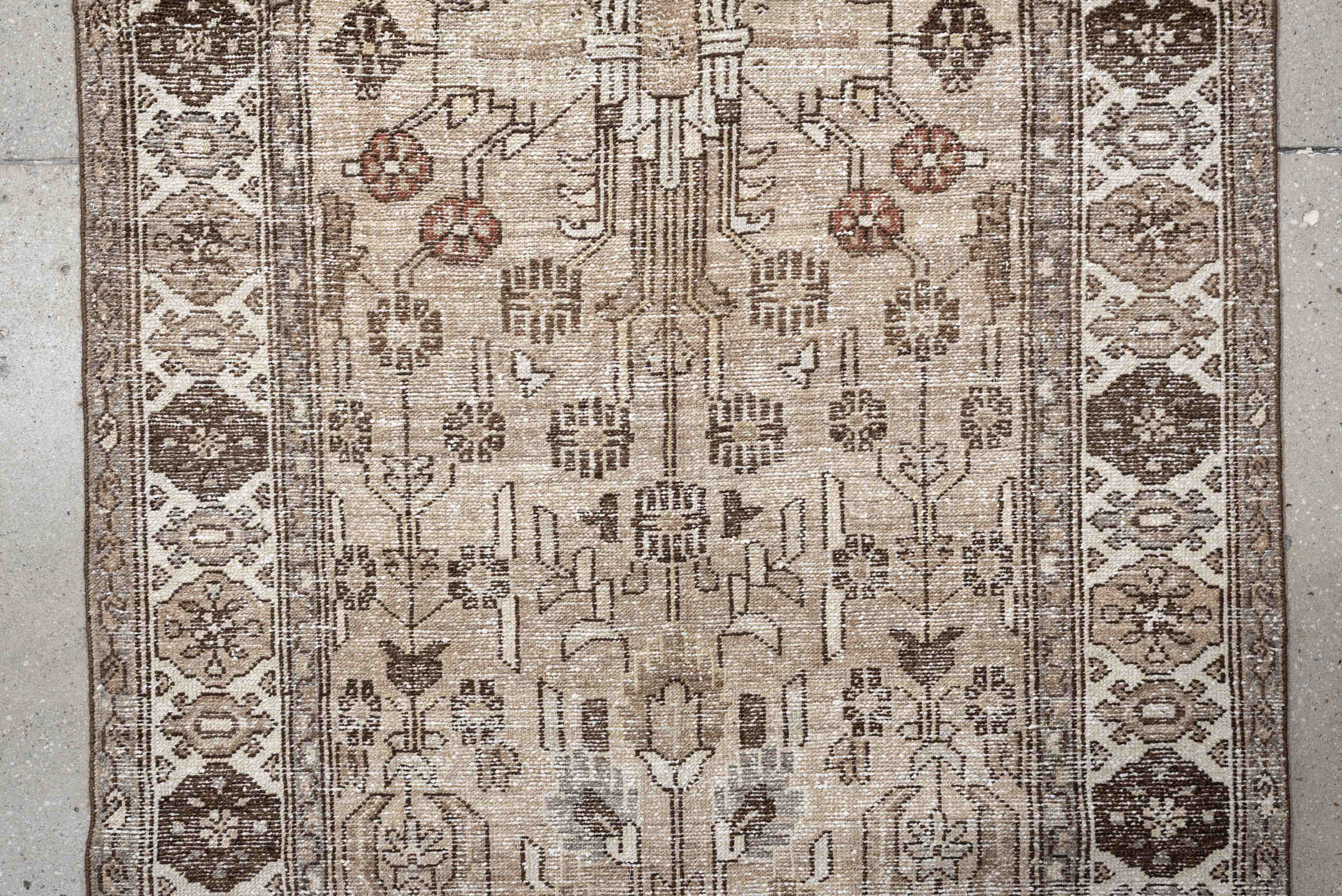 3' x 9' one-of-a-kind handmade antique Malayer runner rug. Color palette: ivory, taupe, brown, camel, rust, beige, gray