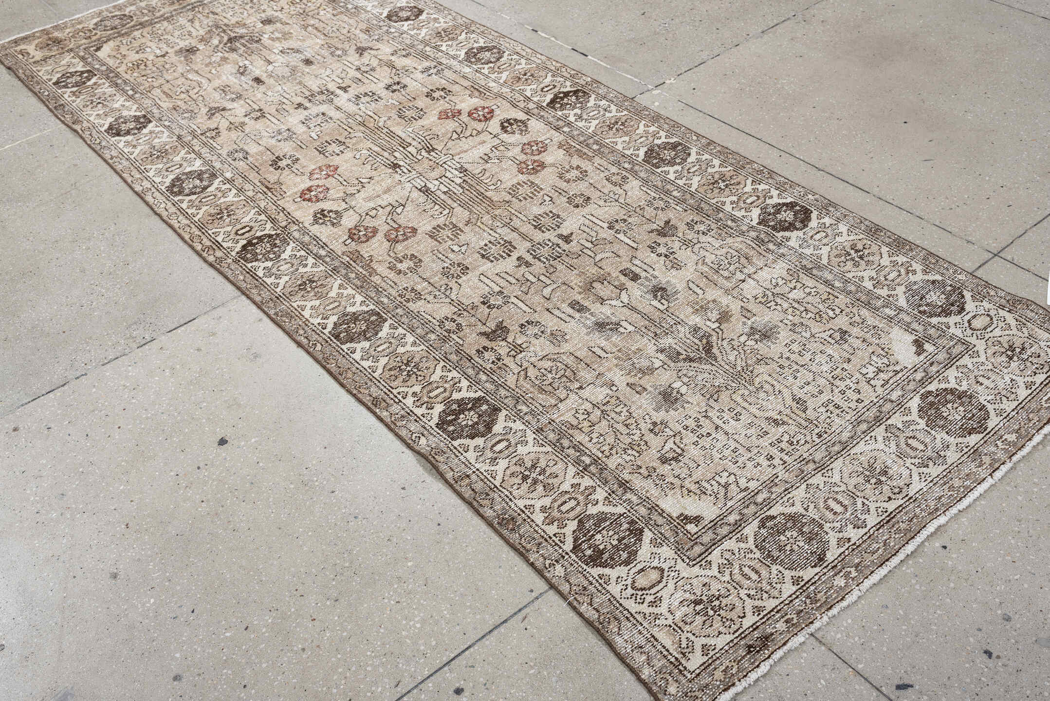 3' x 9' one-of-a-kind handmade antique Malayer runner rug. Color palette: ivory, taupe, brown, camel, rust, beige, gray