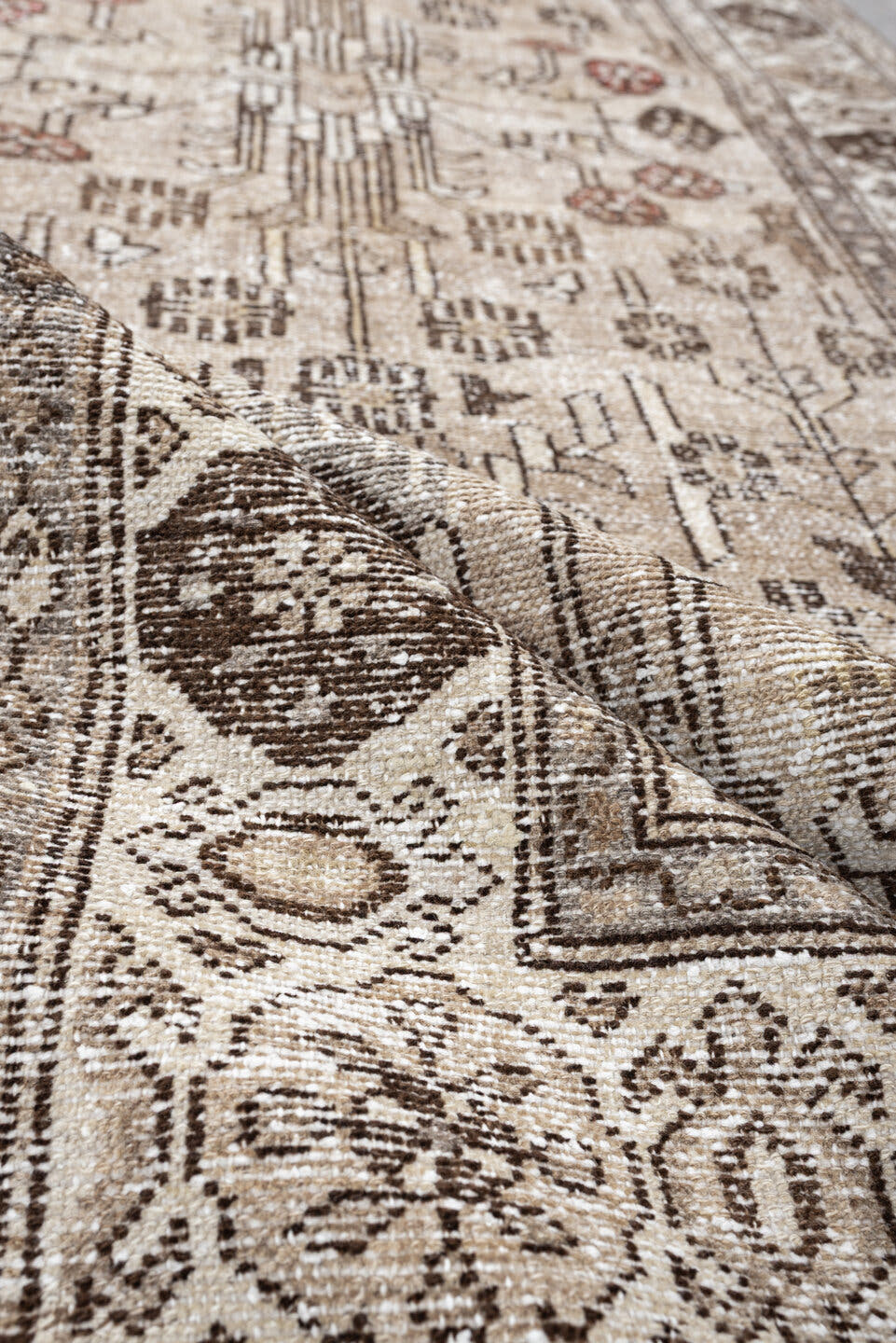 3' x 9' one-of-a-kind handmade antique Malayer runner rug. Color palette: ivory, taupe, brown, camel, rust, beige, gray