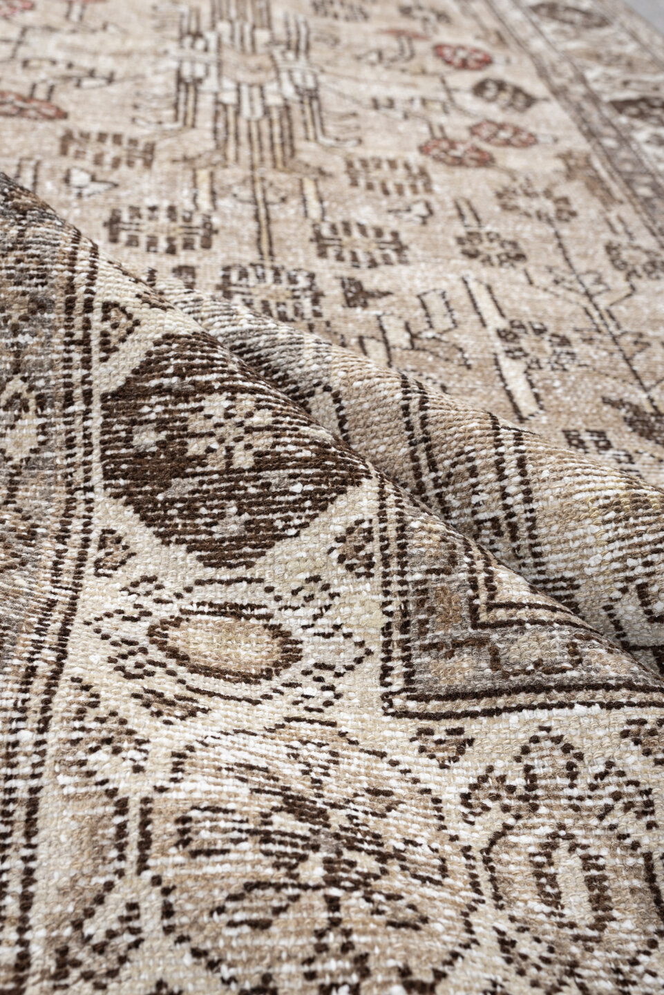 3' x 9' one-of-a-kind handmade antique Malayer runner rug. Color palette: ivory, taupe, brown, camel, rust, beige, gray