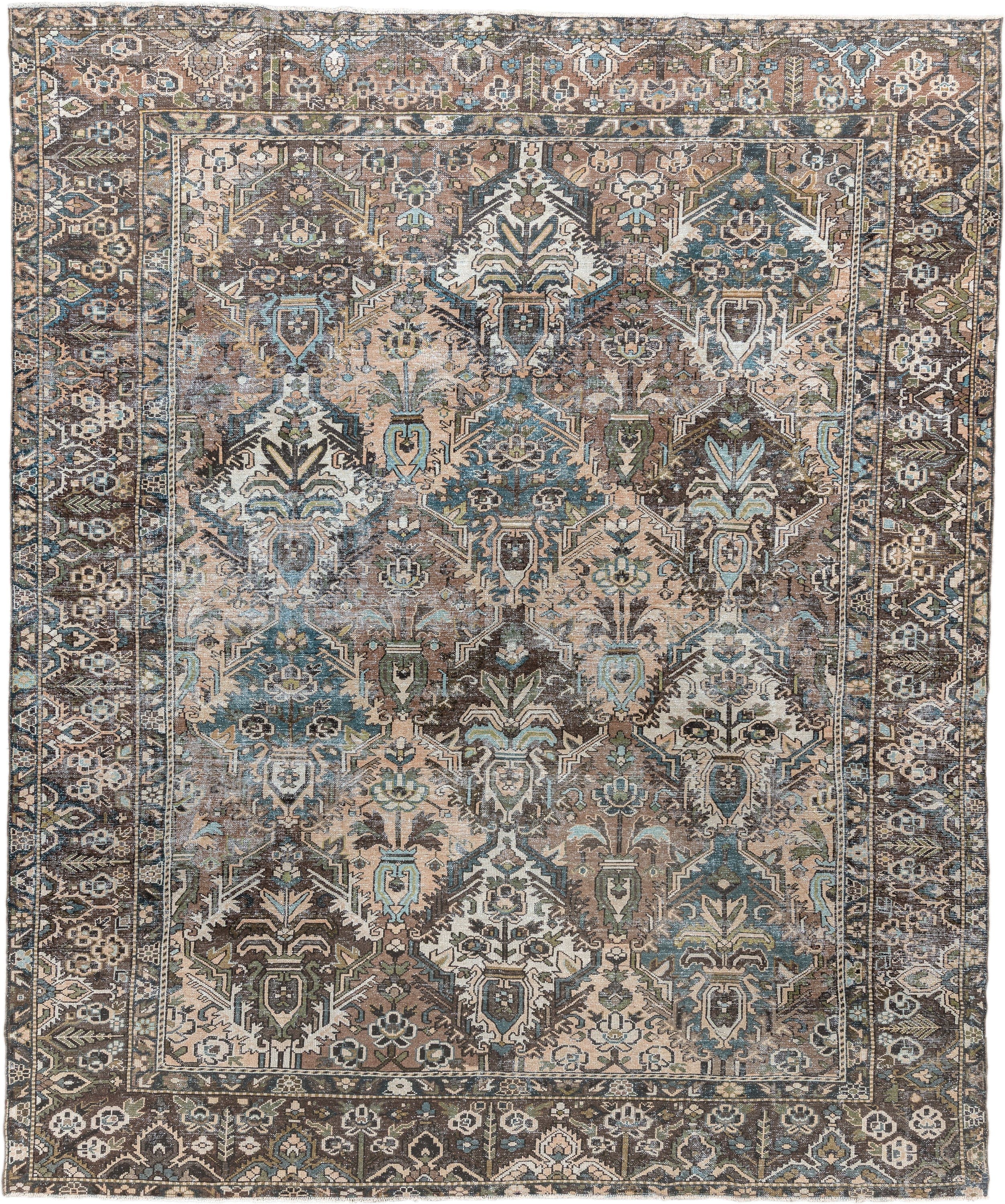 10' x 13' one-of-a-kind handmade antique Baktiary oversize rug. Color palette: brown, taupe, sky blue, ivory, sage, charcoal