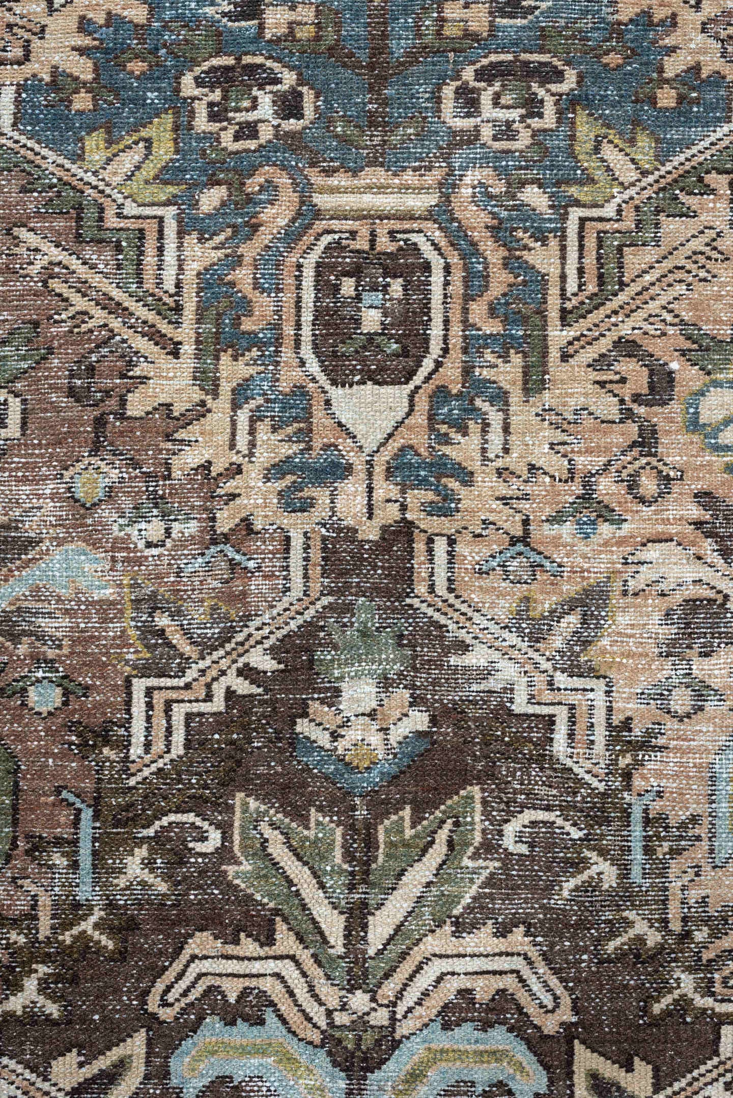 10' x 13' one-of-a-kind handmade antique Baktiary oversize rug. Color palette: brown, taupe, sky blue, ivory, sage, charcoal