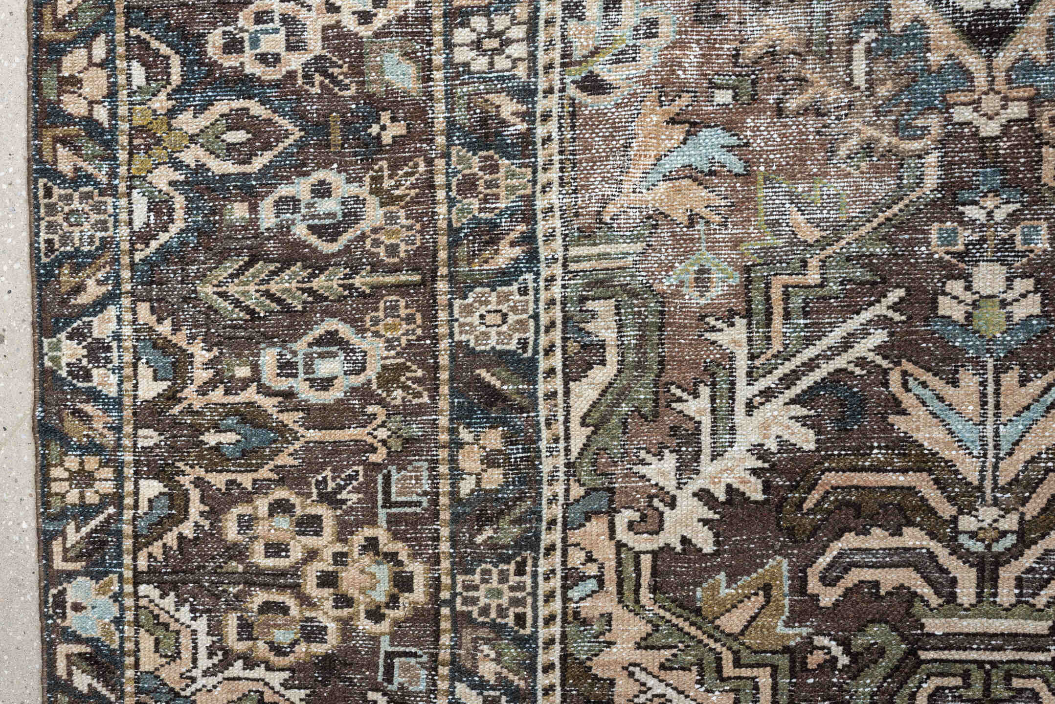 10' x 13' one-of-a-kind handmade antique Baktiary oversize rug. Color palette: brown, taupe, sky blue, ivory, sage, charcoal