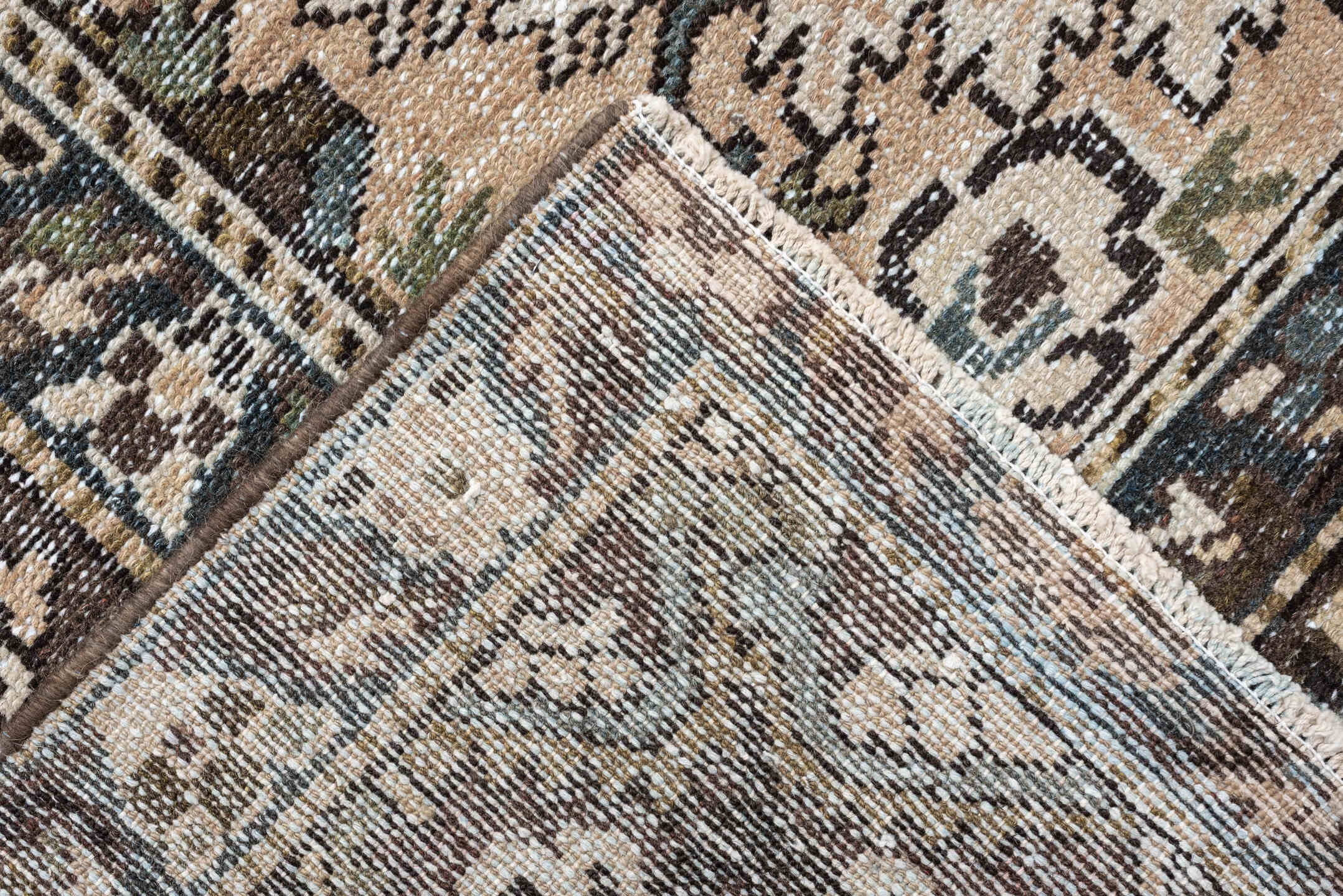 10' x 13' one-of-a-kind handmade antique Baktiary oversize rug. Color palette: brown, taupe, sky blue, ivory, sage, charcoal