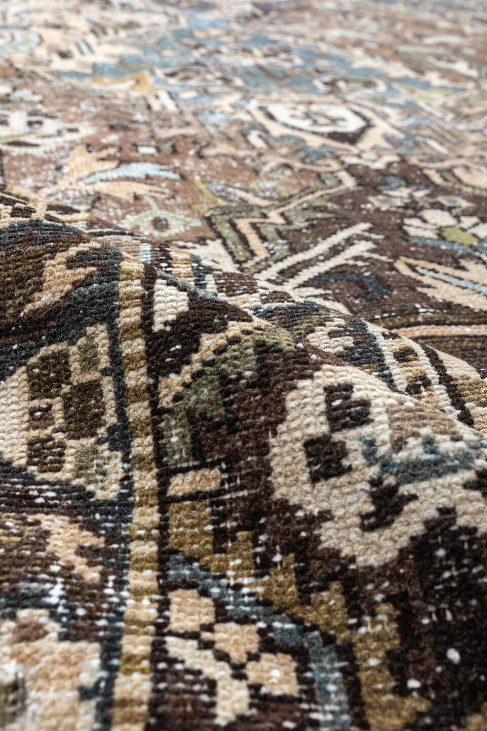10' x 13' one-of-a-kind handmade antique Baktiary oversize rug. Color palette: brown, taupe, sky blue, ivory, sage, charcoal