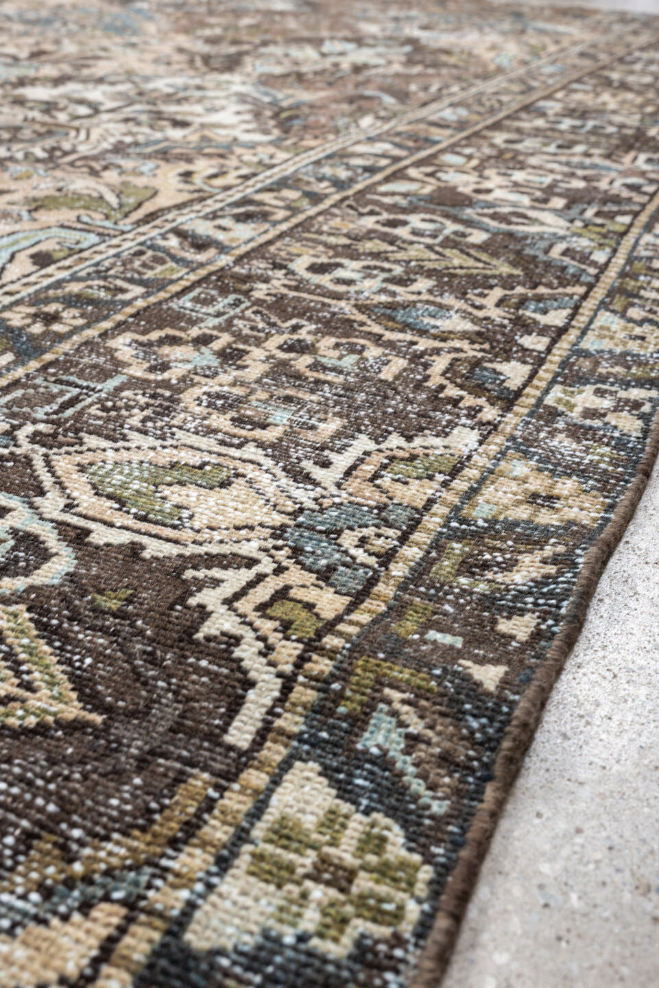 10' x 13' one-of-a-kind handmade antique Baktiary oversize rug. Color palette: brown, taupe, sky blue, ivory, sage, charcoal