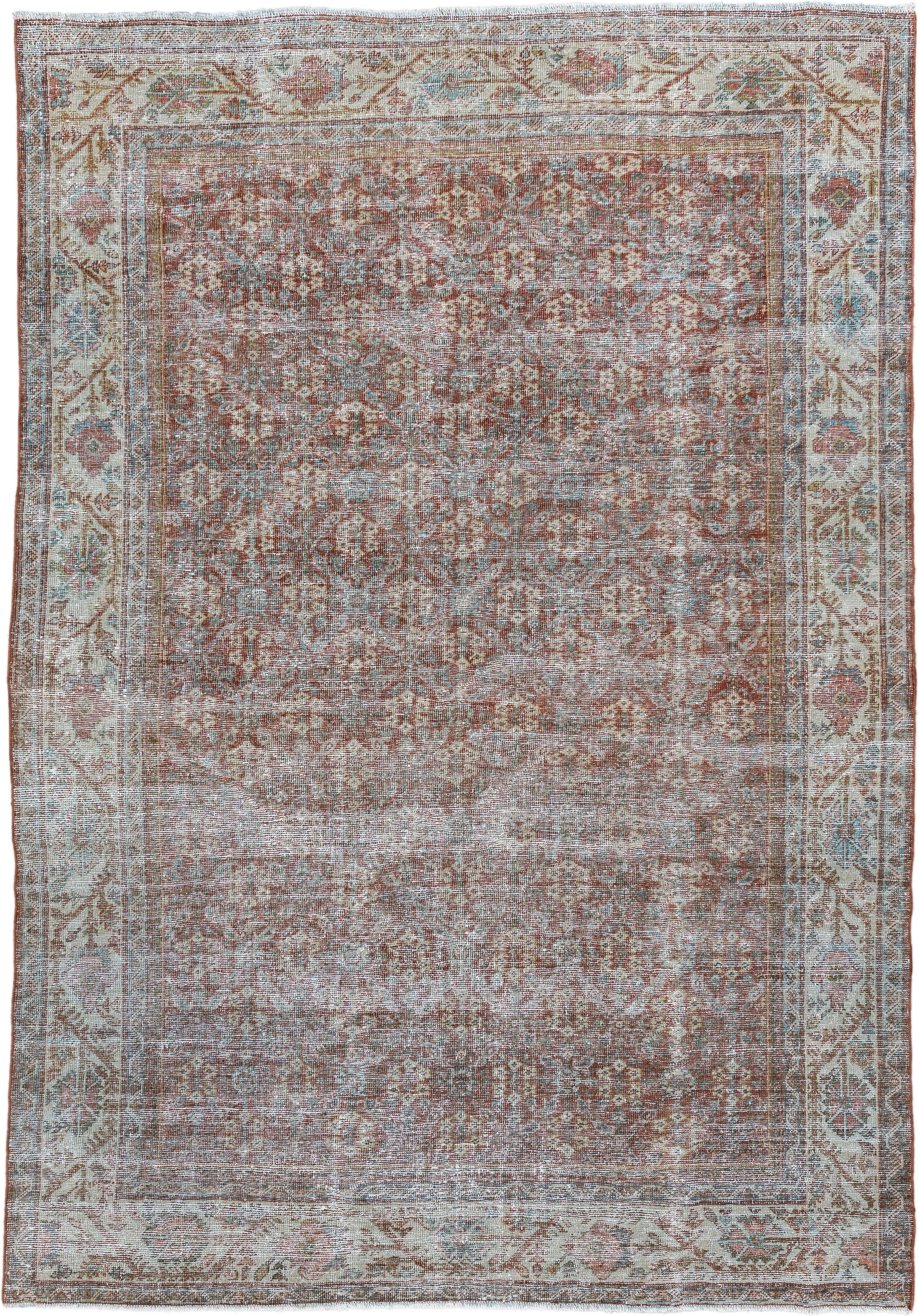6' x 9' one-of-a-kind handmade antique Malayer medium size rug. Color palette: rust, ivory, sky blue, taupe, rose, camel