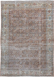 6' x 9' one-of-a-kind handmade antique Malayer medium size rug. Color palette: rust, ivory, sky blue, taupe, rose, camel