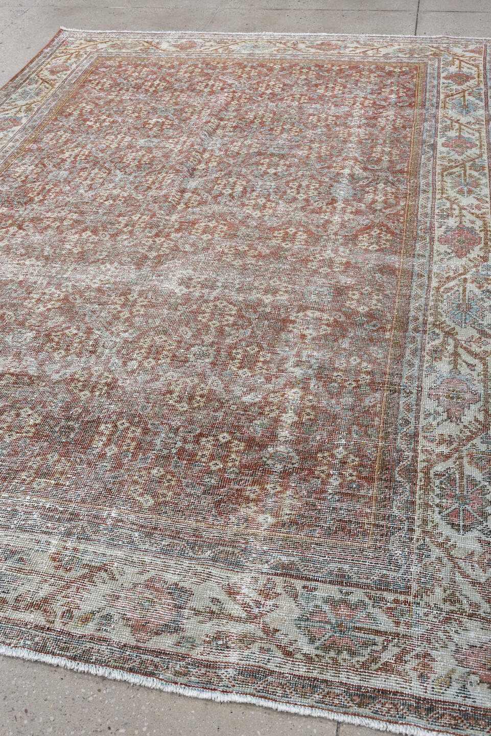 6' x 9' one-of-a-kind handmade antique Malayer medium size rug. Color palette: rust, ivory, sky blue, taupe, rose, camel